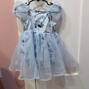 Blue Sheer Puff Sleeve Dress with Cartoon Print. Bluey